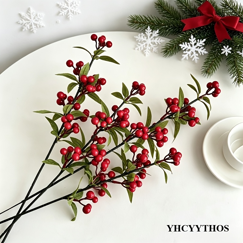 Image of 2 Stems/4 Stems/8 Stems Of Lifelike Artificial Branches, Featuring Rich Ruby-red Berries With Glossy Green Leaves For Long-lasting . Exudes The Of Spring Festival, Of Christmas, And Valentine's