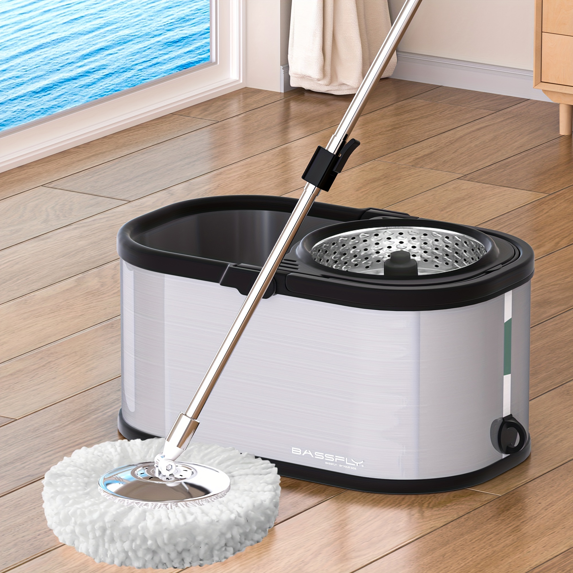 1set stainless steel spin mop and bucket set with 2 reusable pads hands free washing dual use dry and wet floor cleaner for home kitchen bathroom   cleaning supplies and tools details 1