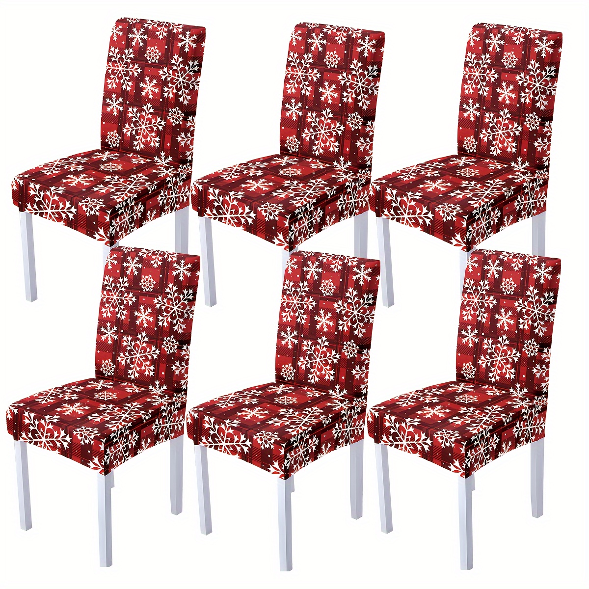 

Christmas Elastic Chair Covers, Red Plaid & Snowflake Design, Set Of 4/6 - Milk Blend, Polyester Spandex, Classic Stretch Slipcovers For Dining And Living Room Decor – Machine Washable