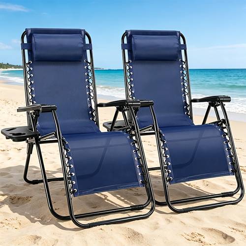 item picture 2pcs zero outdoor folding recliner lounge chair breathable fabric adjustable reclining patio chair with cup holder trays headrest pillow for beach camping poolside backyard garden lawn