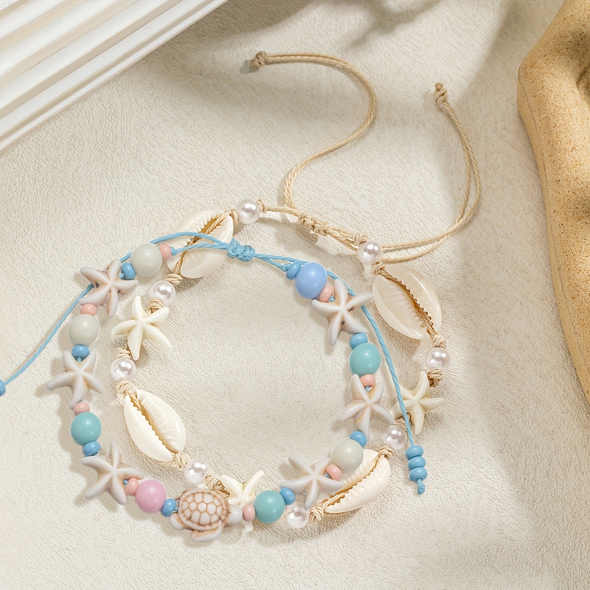 2pcs Beach Style Double Layered Starfish Turtle Anklet Set