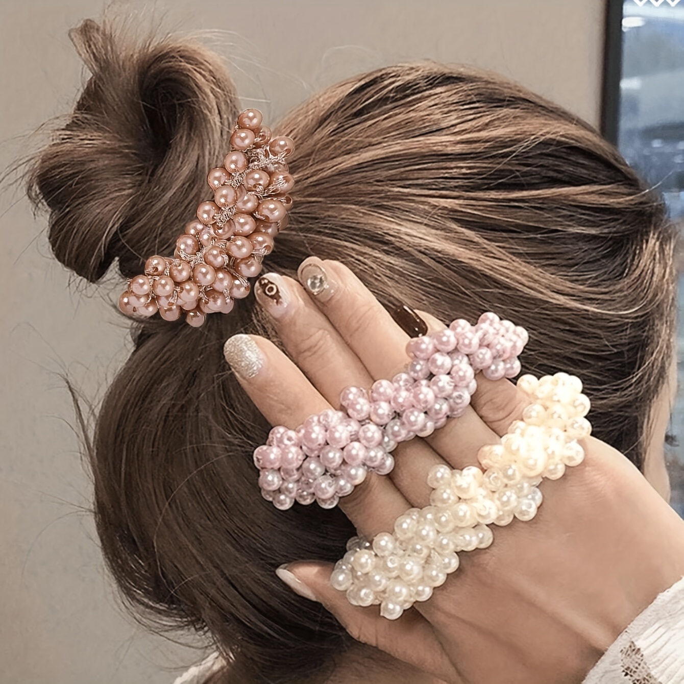 

3pcs Women's Pearl Beaded Hair Ring High-end Hair Tie Hair Rope For Bun Ponytail Hair Rubber Band Head Flower Hair Accessory