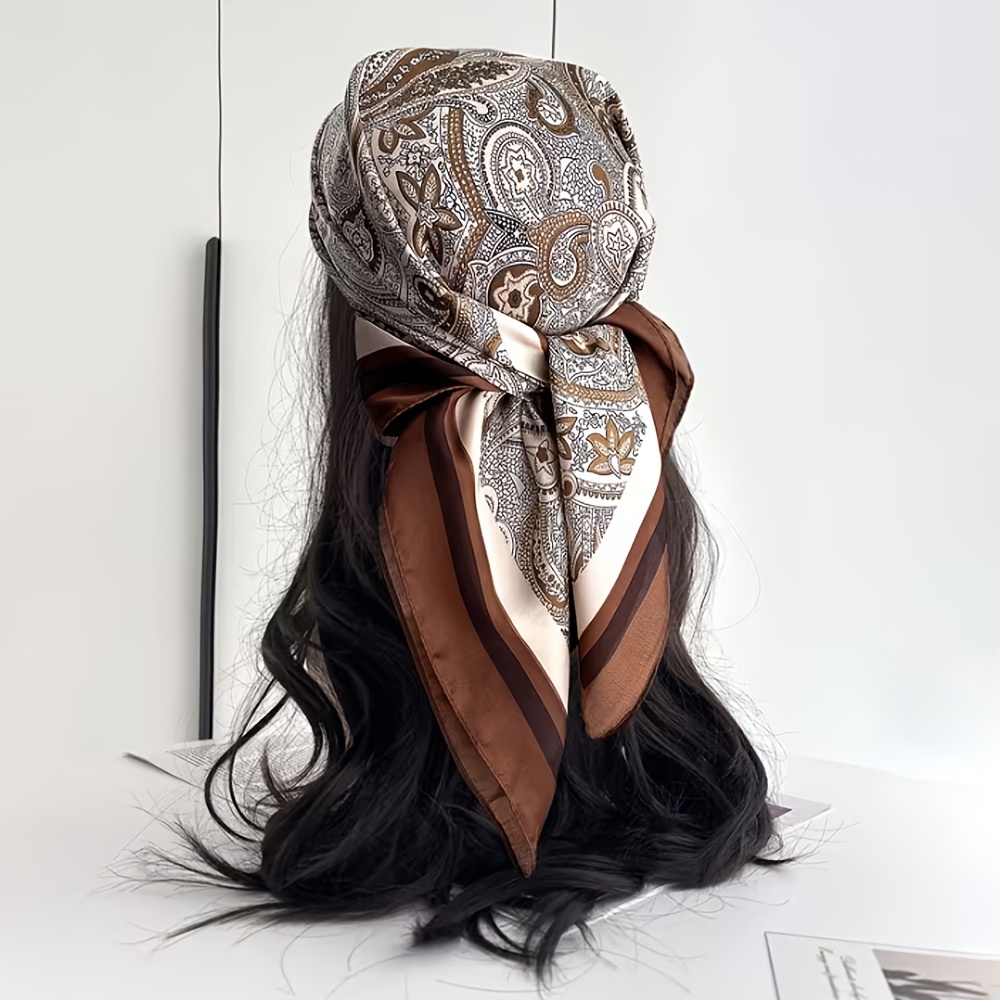1pc Women's Elegant & Brown Satin Scarf - Large 27.56x27.56inch Square Bandana With Intricate Floral & Geometric Print, /brown - Luxury Shawl Wrap