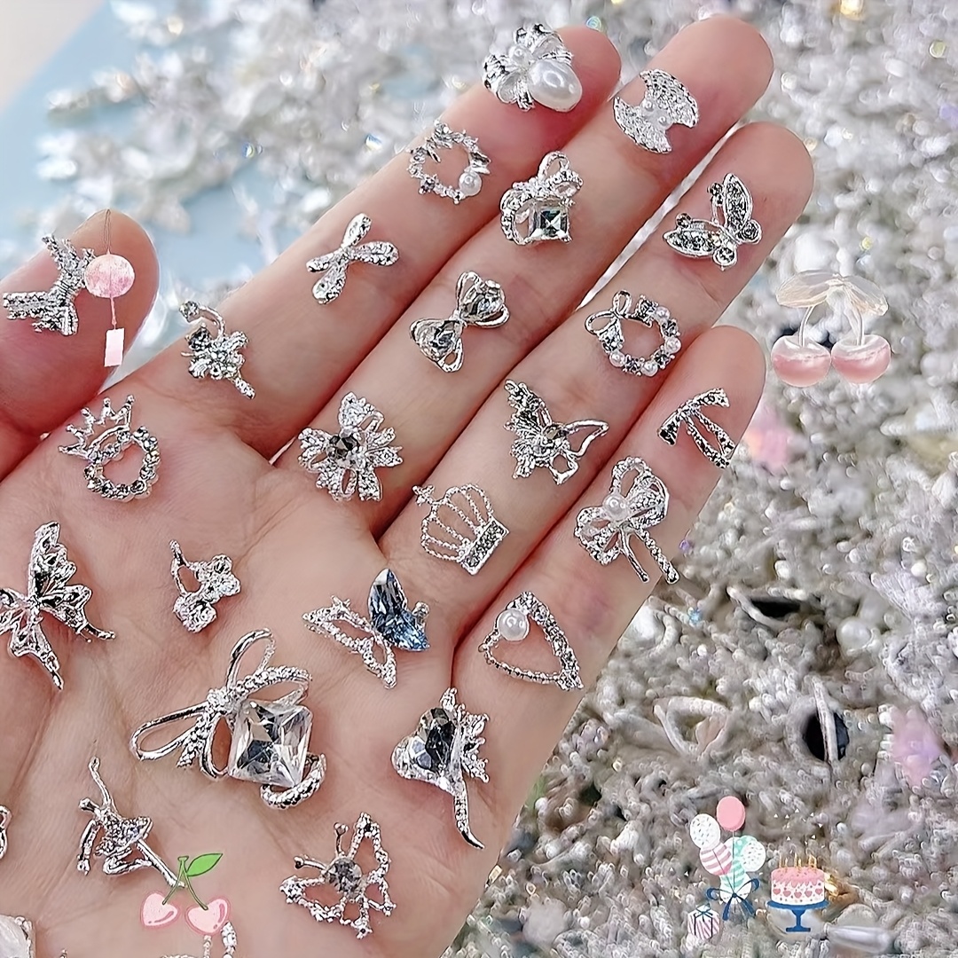 

30-pack Silvery Vintage Charms - Assorted Starfish, Seashells, Stars, , Flowers, Bows, Oval Nail Art Rhinestones & 3d Alloy Decorations For Diy Nail And Supplies, Unscented