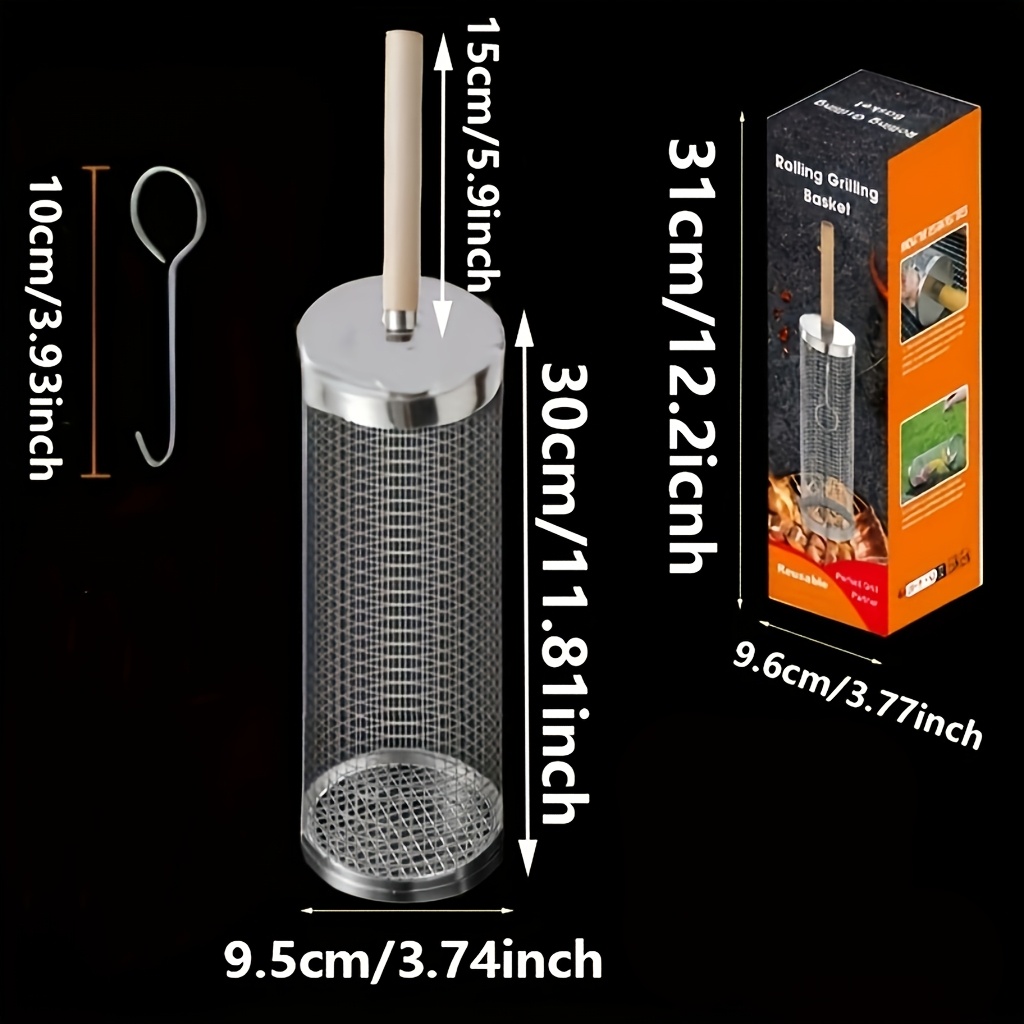 Image of 2026 Upgraded 304 Stainless Steel Nesting Grill Baskets (1pc) - Removable Wooden Handle, Rolling Grilling Mesh Additions - For Vegetables Shrimp, Gifts For Men Dad Husband, Outdoor Bbq Camping Picnic