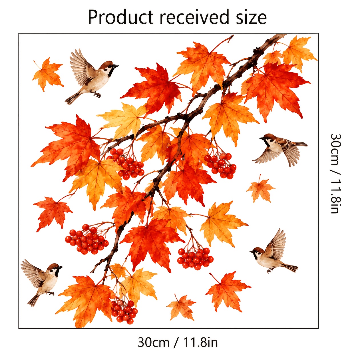 TEMU 2d Flat - 2d Flat Decorative Stickers With Autumn Maple Branches, And Red Berries, Static Cling And Reusable Vintage Fall Art Wall Decals,