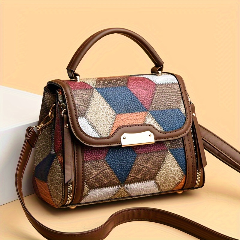 

Women's Retro Geometric Pattern Pu Leather Handbag, Colorblock Flap Crossbody Bag, Elegant Shoulder Purse For Daily Use