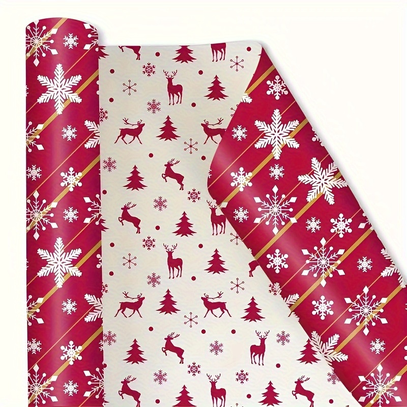 

Christmas Reindeer & Snowflake Double-sided Gift Wrap - 17" X 145" Roll With Stickers, Holiday Presents & Family Gifts, White/red