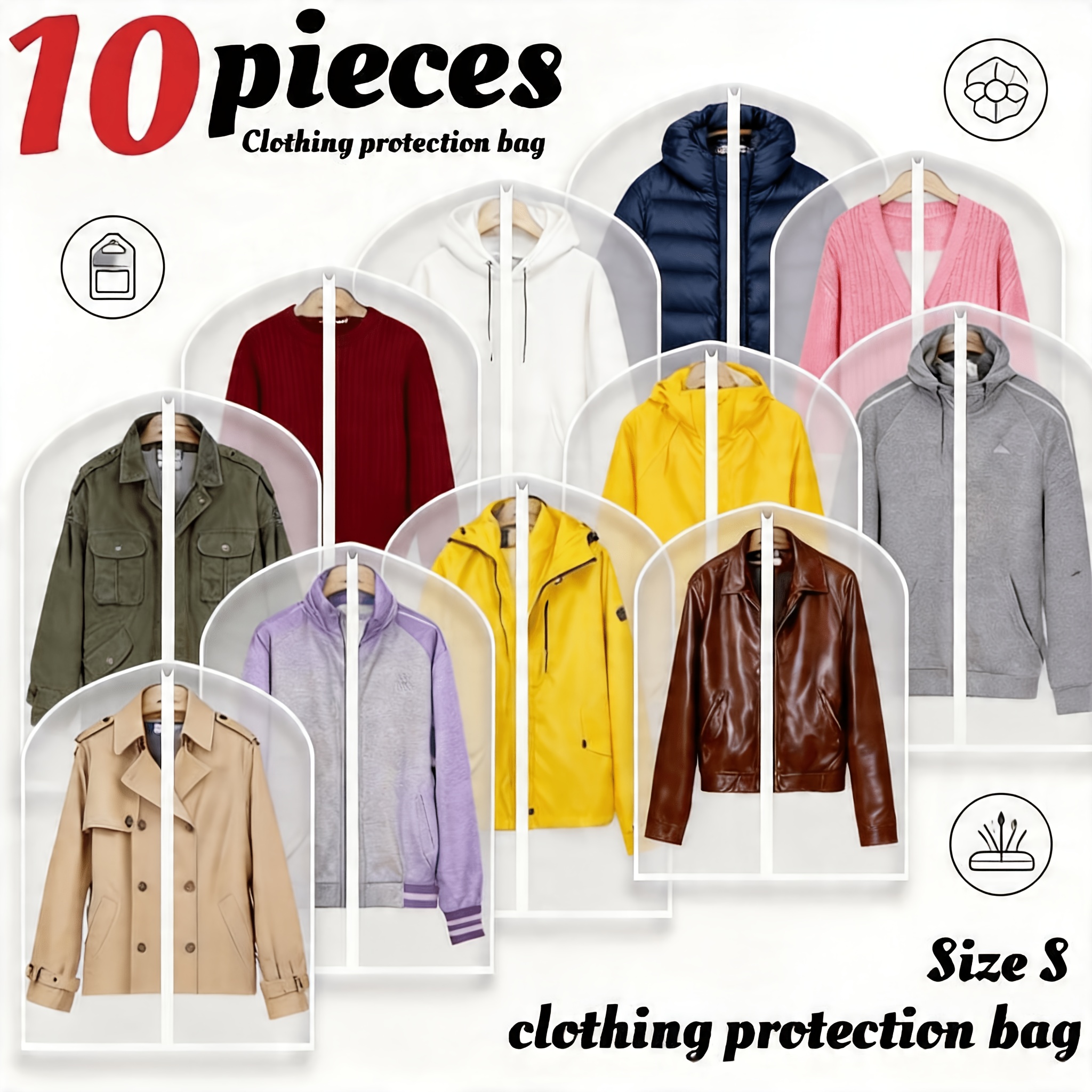 TEMU 10pcs Translucent Zippered Garment Dust Covers, Suit Bags With Durable Stitching, Closet Storage Clothes Protectors For Home And Christmas Gift
