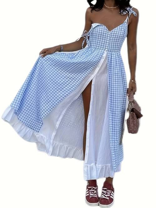 elegant blue white gingham maxi dress with hem sleeveless tiered design spring summer fall casual to formal wear casual summer dress hem dress gingham pattern dress