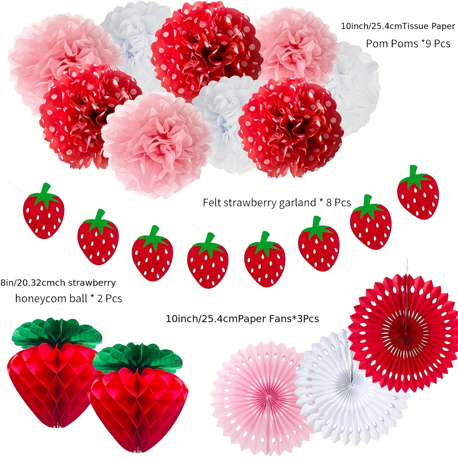 Image of 22pcs Set Strawberry Party Decoration Set Paper Fan, Honeycomb Lantern, Pull Flag, Paper Flower, - Suitable For Birthday, Wedding Shower And Christening