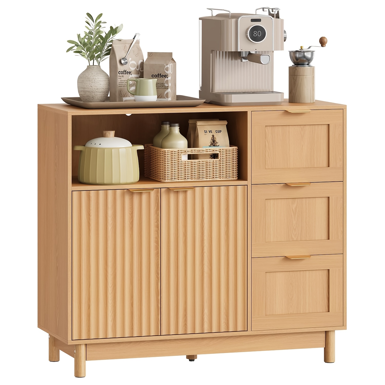 1pc Multifunctional Wooden Storage Cabinet, Sideboard, And Dishware Cabinet: 3-drawer 1-door Cabinet With Adjustable Shelves, 90x80x35cm, Wood Grain Color, Suitable For Room Hallway