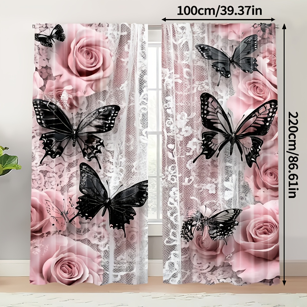 E-shop 2 Stk., 2D Digitaldruck Vorhänge Rosa Blumen & Schmetterling Maschinenwaschbar (ohne Stange, Keine , keine Batterie) Heimdekoration für