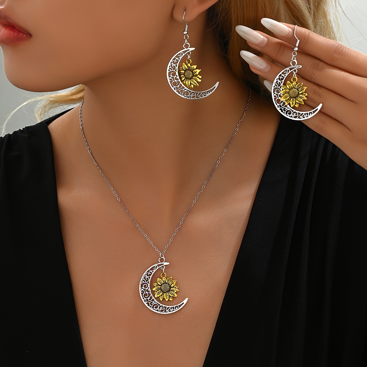 

Bohemian Sunflower Crescent Moon Pendant Jewelry Set, Vintage Style, Fashionable Boho Necklace And Earrings For Gift Giving Gifts For Eid