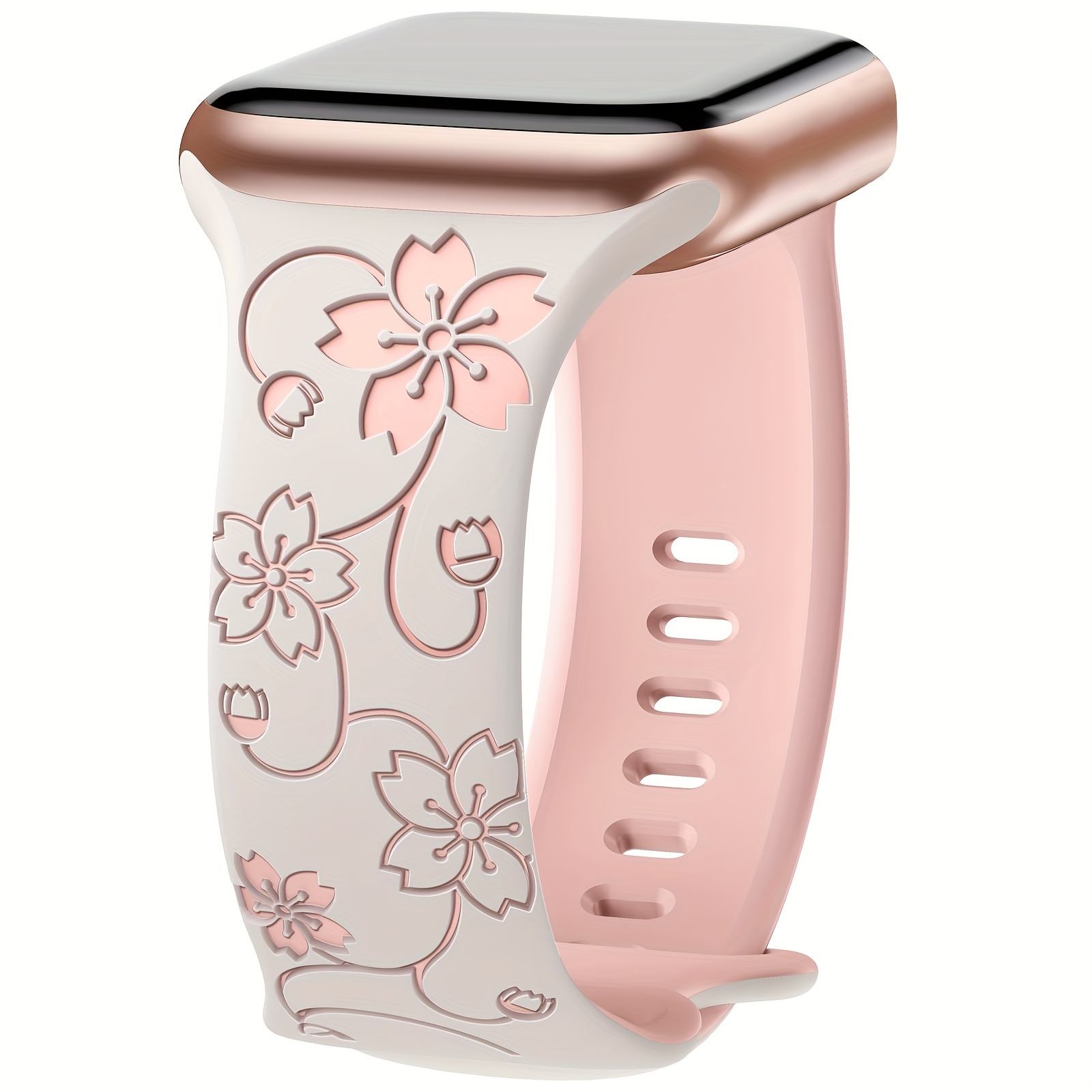 Image of Flower Engraved Band Compatible With Watch Bands 38mm 40mm 41mm 42mm 44mm 45mm 46mm 49mm Women Men, Sport Replacement Wristbands For Iwatch Bands /2/1 Series 12 11 10 Ultra 6 5 4 3 2 1 Se