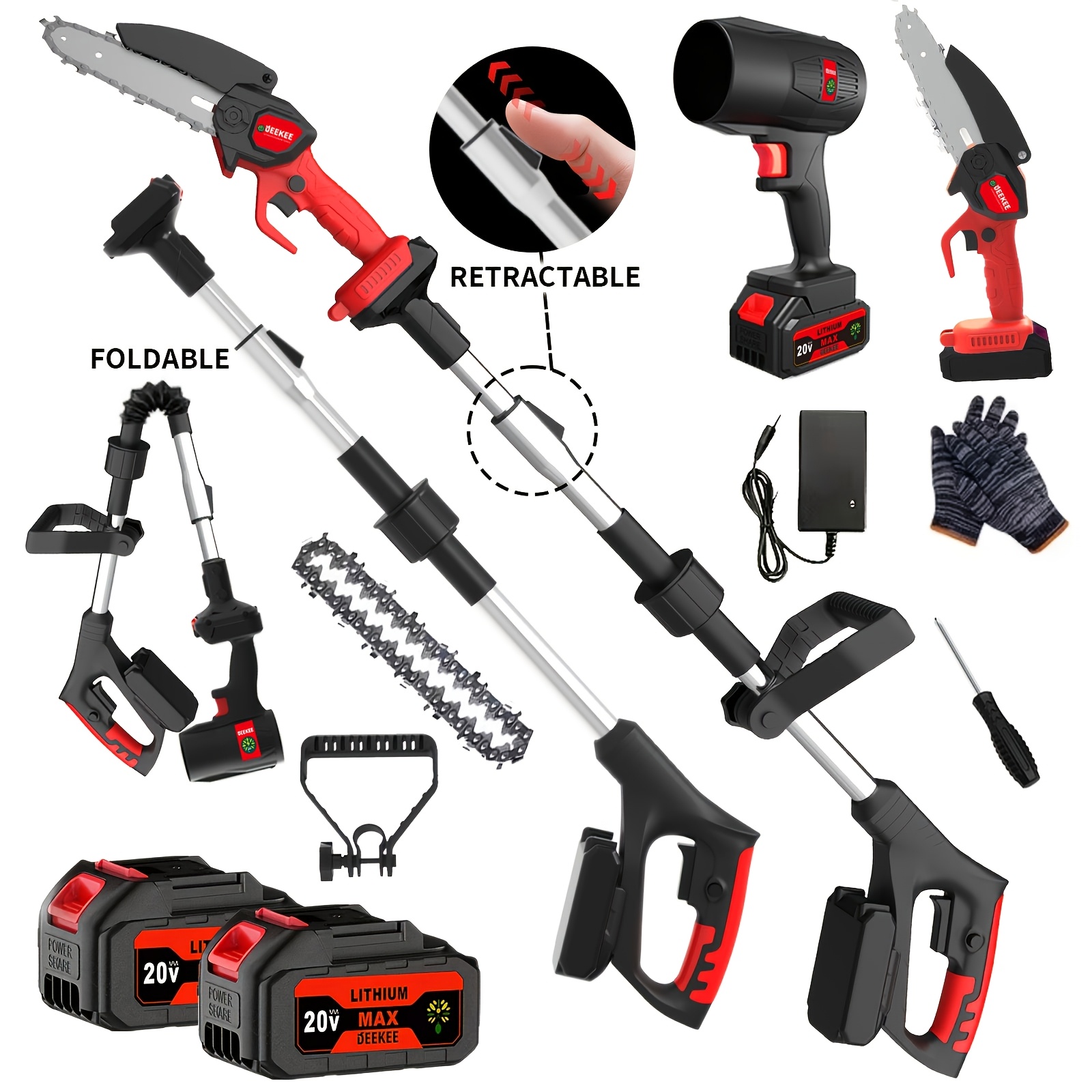 6-Inch Cordless Electric Pole Saw for Tree Trimming, 3-In-1 Telescopic Folding Pruning Saw And Leaf Blower, with 2 Batteries And Mini Handheld Chainsaw. for Tree Pruning, Gardening, Landscaping. Ergonomic Compact Outdoor Tool for Professionals