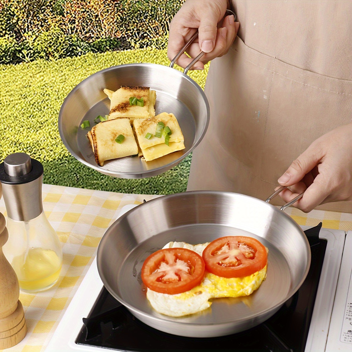 

1pc 304 Stainless Steel With Folding Handle, Frying Pan For Outdoor Camping, Portable Cookware For Steak & Eggs, Cooking Accessory