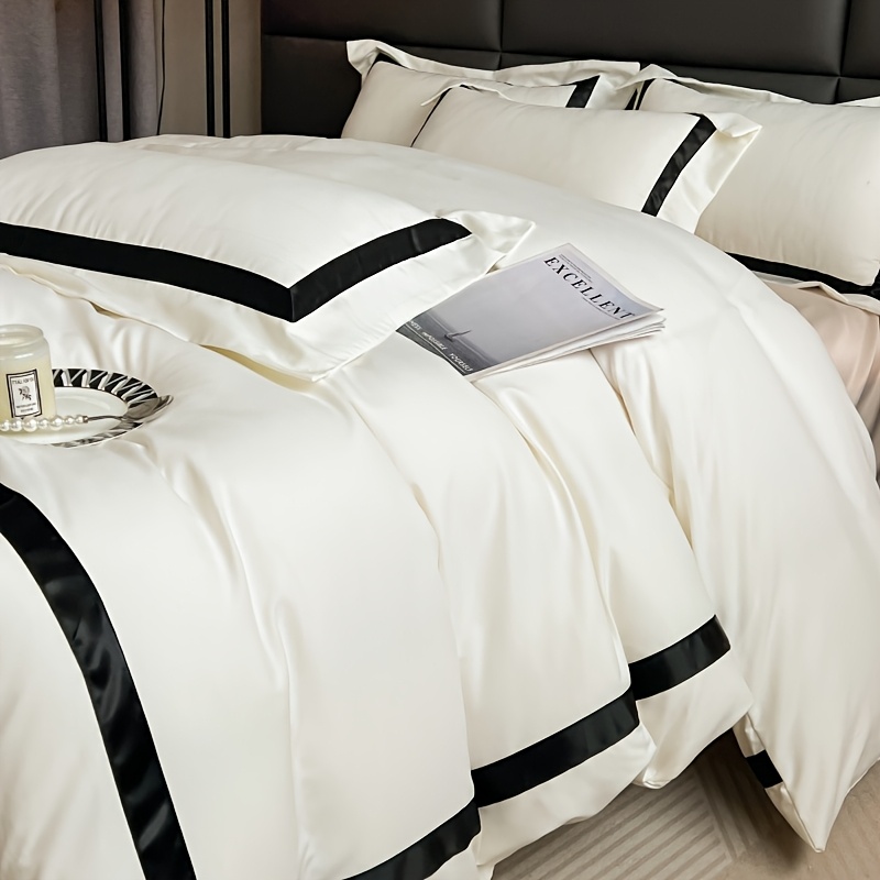 4pcs Elegant Black & White Quilted Bedding Set - Soft Polyester, Machine Washable, Zip Closure, All-Season Comfort, Perfect Gift for Luxury Home Decor, Machine Washable Comfort|Minimalist Aesthetic|Zippered Comforter