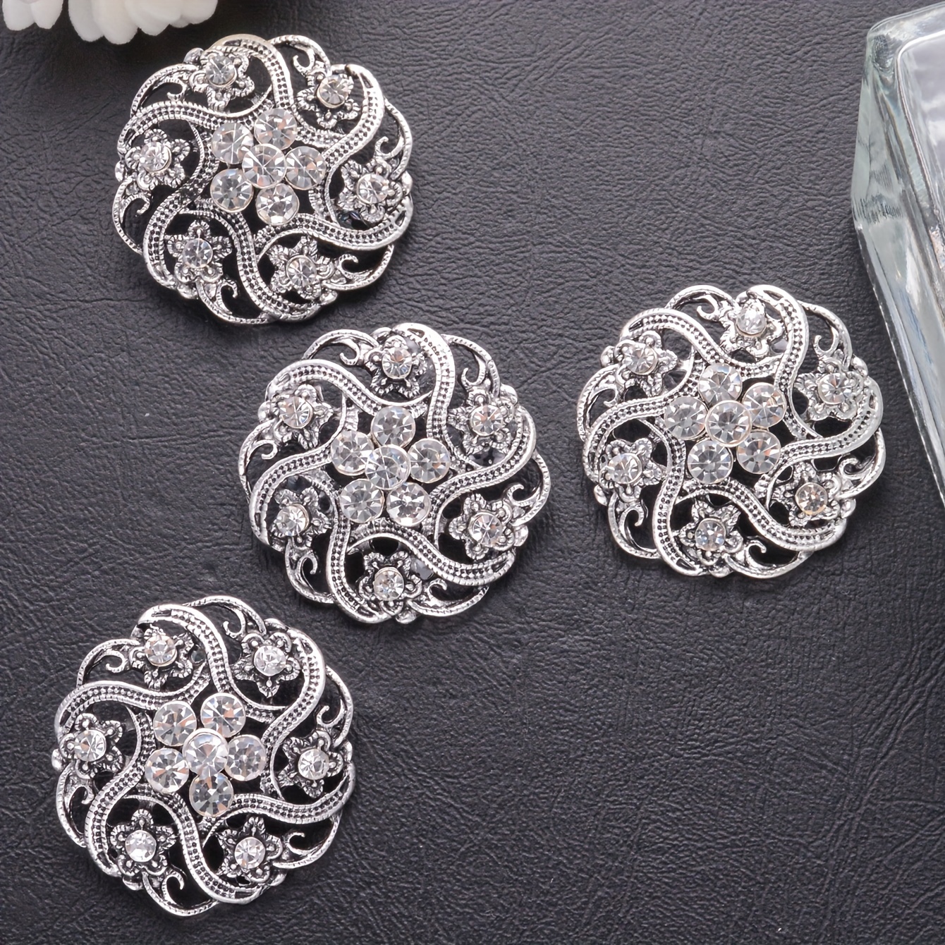 

4pcs Elegant Silvery Floral Hollow Buttons With Rhinestones, Metal Fasteners For Coats, Sweaters, Suits & - Diy Sewing Craft Accessories