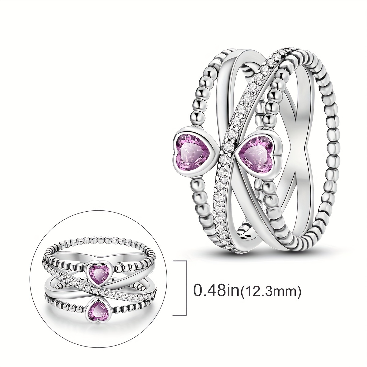 Elegant 925 Silver-plated Wide Ring With Sparkling Cubic Zirconia Heart ...