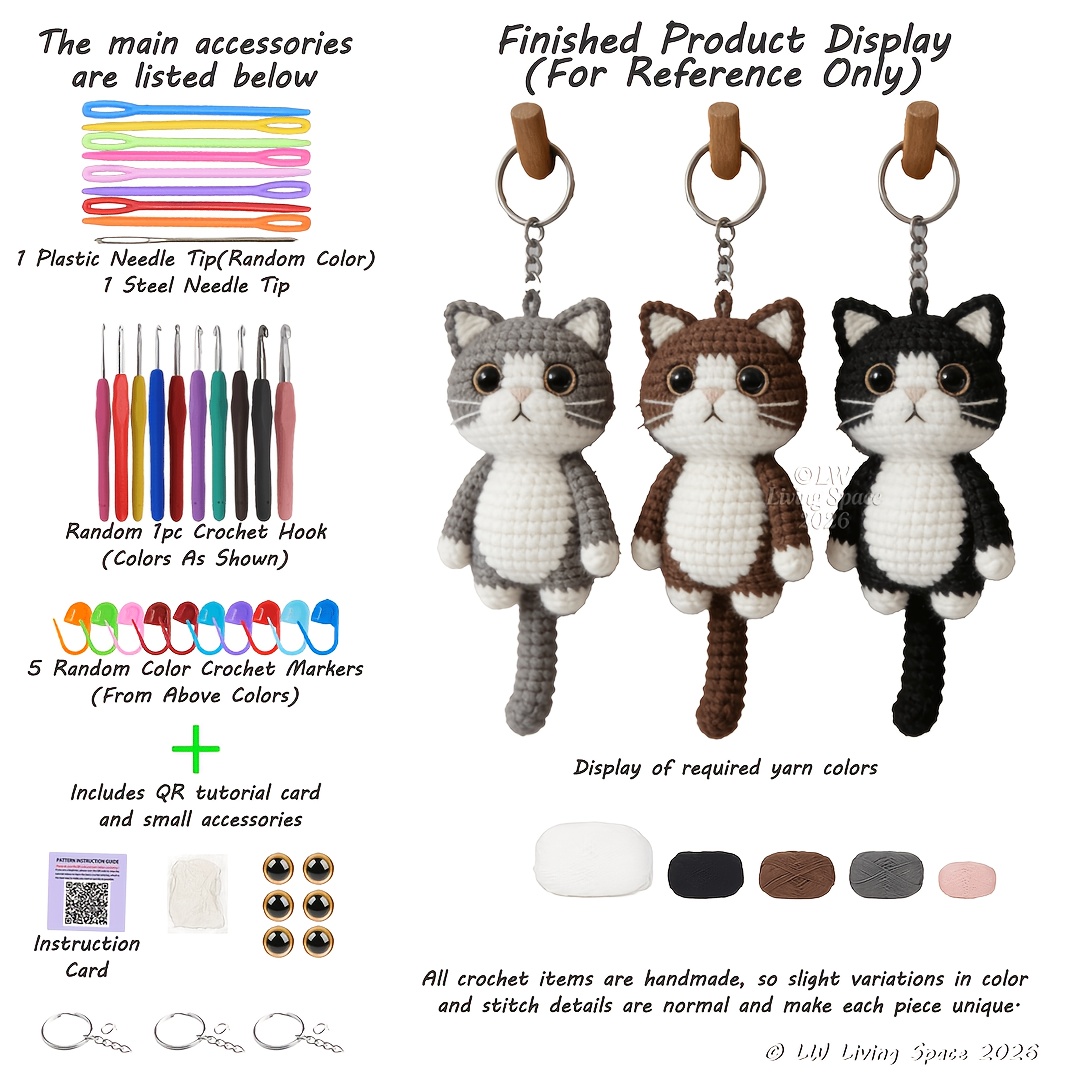 Image of 3pcs Cat Pattern Beginner Diy Crochet Kit - -one Diy Set To Make 3 Adorable Amigurumi Cats In Black/gray/brown, Simple Handmade Gift, Complete Easy Craft Kit (unfinished, Requires Weaving)