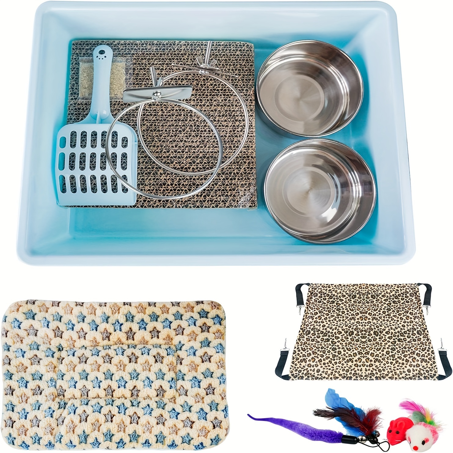 

13pcs Small Kitten Cat Starter Kit For Cat Cage Indoor, Include Cat Litter Box Low Entry & Cat Litter Scoop, Cat Hammock & Bed Mat, Cat Scratching Pad, Double Stainless Steel Cat Bowl, Kitten Toys
