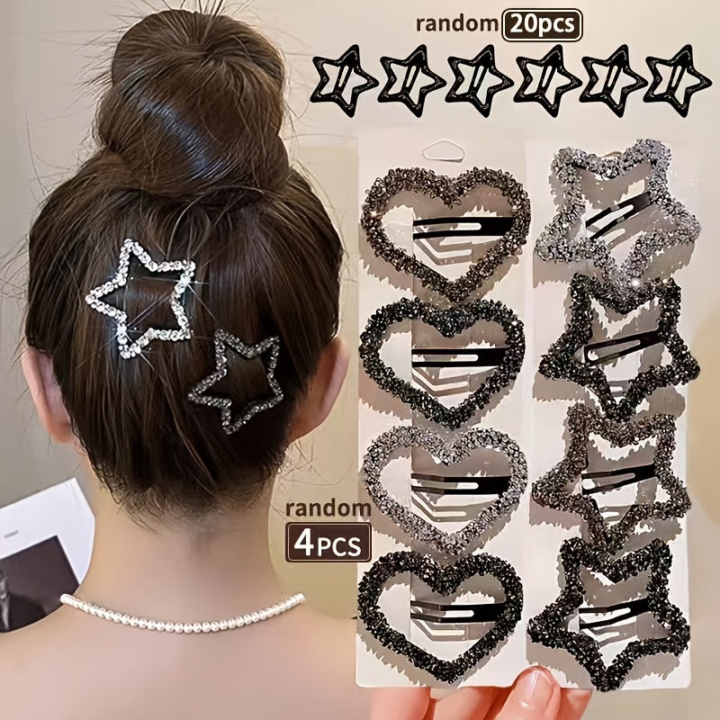 E-shop 24-teiliges Set mit zufälligen Stern- Herz-Haarspangen – 4 große Haarspangen mit vollständigem Strassbesatz + 20 Mini-Stern-Haarspangen, im süß-