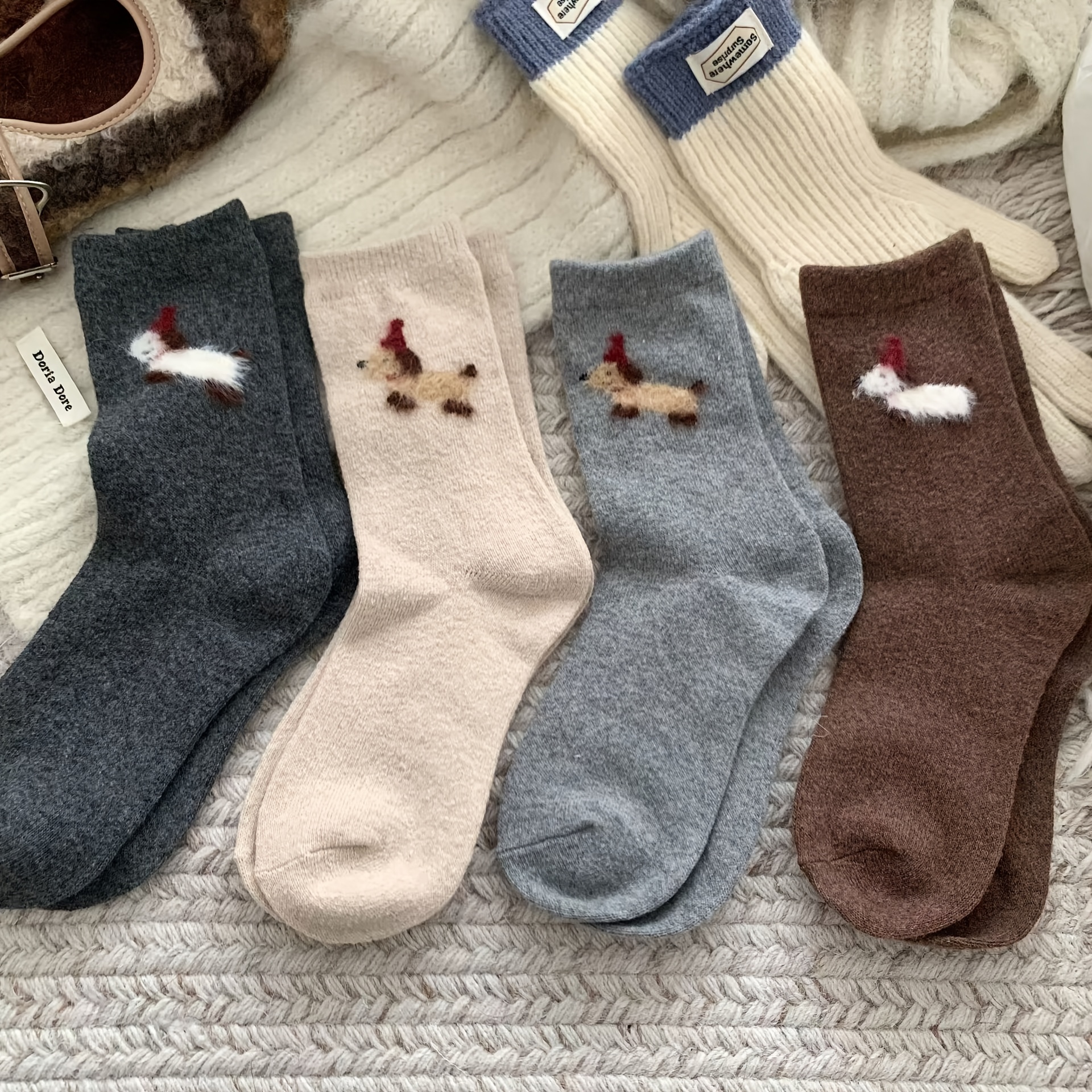 

4 Pairs Of Gray Ins Wool Puppy In Autumn And Winter, College Style, Warm And , High Waist And Pile Socks