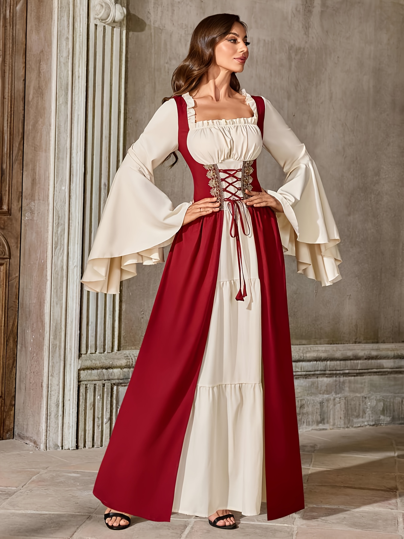 Medieval Vintage Court Style Dress Square Neck Lace Trimmed Trumpet Sleeve  Color Block Tie Waist Dress with Lace Hem * Two-Piece Long Dress Medieva