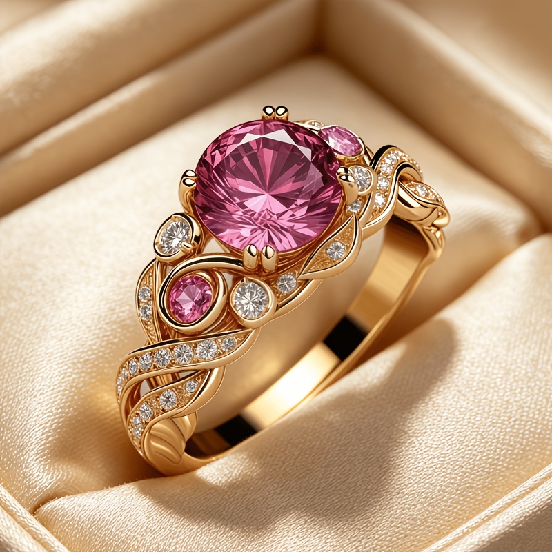TEMU 1pc Elegant Kc Golden Plated Copper Ring Suitable For Women' Wear, Engagement Ring Inlaid With Sparkling Synthetic Zirconia, Romantic Proposal