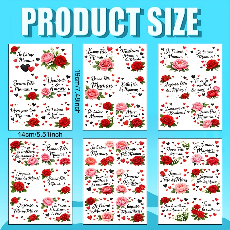 TEMU Lot de 6 manchons pour gobelets à thème maman française avec roses rouges florales, papier de transfert UV DTF, convient pour tasses à café en