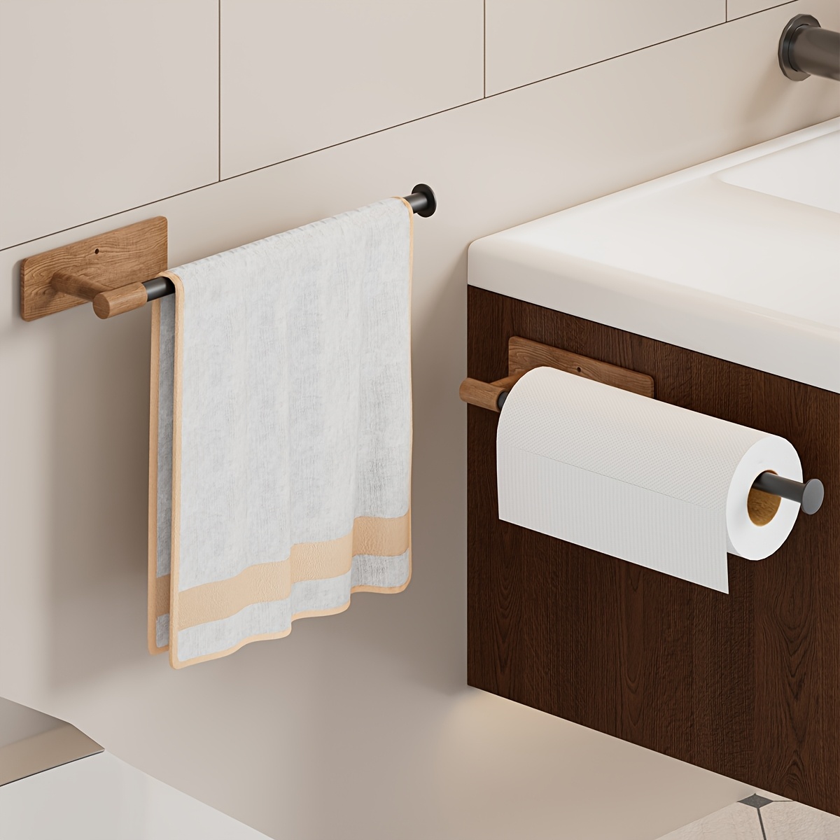 1pc tissue and towel holder wall mount plastic and iron storage rack for bathroom and kitchen self     and storage accessories Product details 0