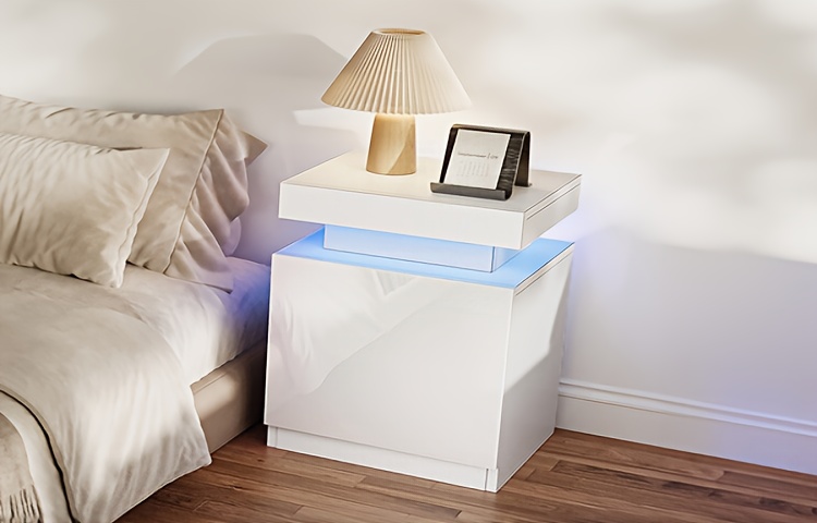 Living Room Side Table, Equipped With 16-color LED Light Strip, With A Cabinet, Easily Store Books, Alarm Clocks, Lamps, And Other Personal Items And Other Necessities, 17IN/White/2pcs, Ideal For Holiday Gifts