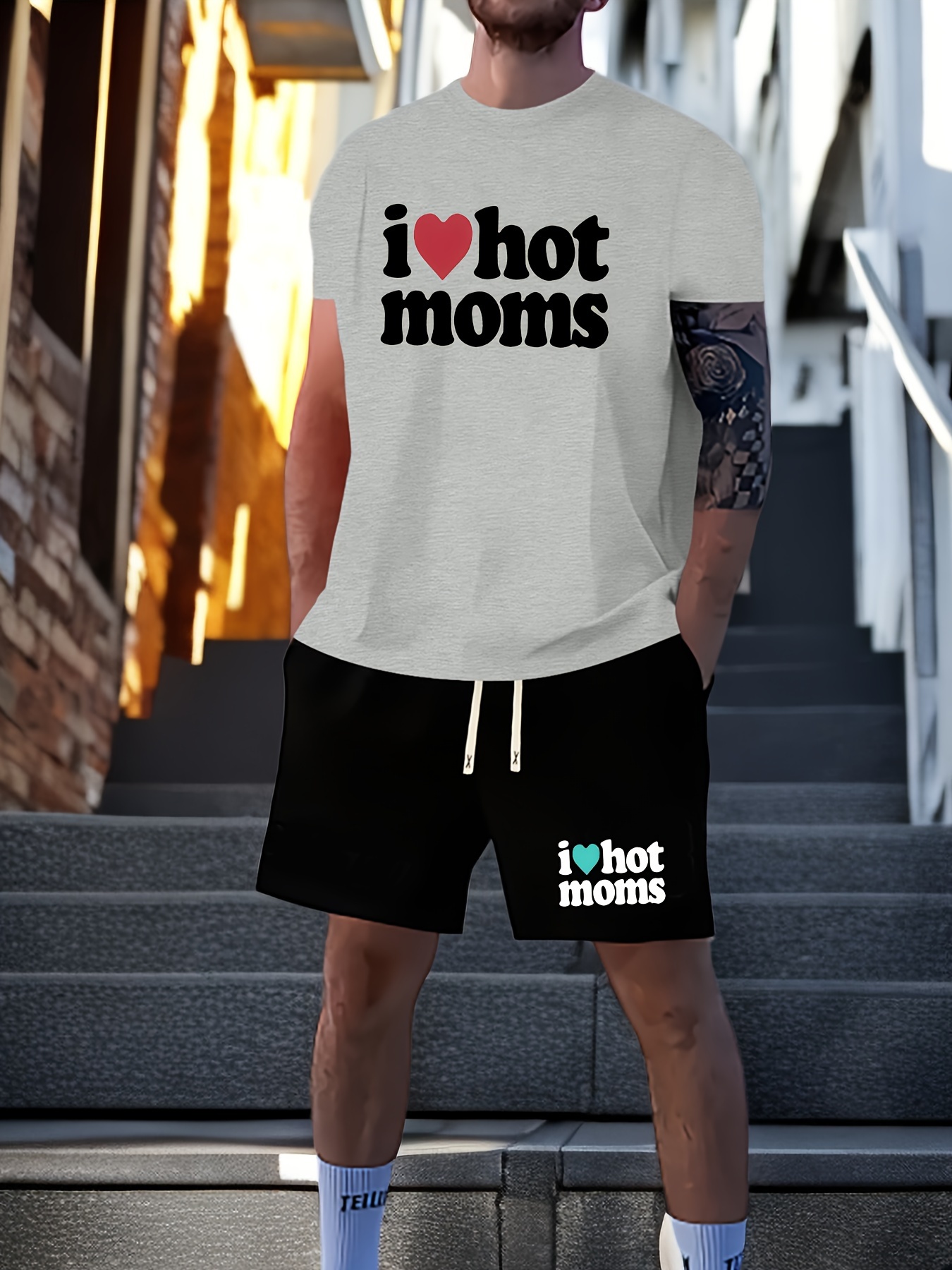 Love Hot Moms Print Mens Short Sleeved T Shirt Drawstring Temu