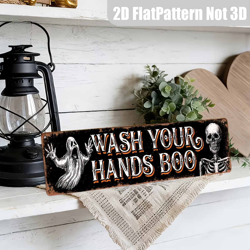 2d Flat 1pc, Wash Your Hands Boo, Metal Sign, Halloween Spooky Skeleton, Wall Hanging, Vintage, Home, Bathroom, Halloween Decorative Signs & Plaques 3.9x15.7 Inches