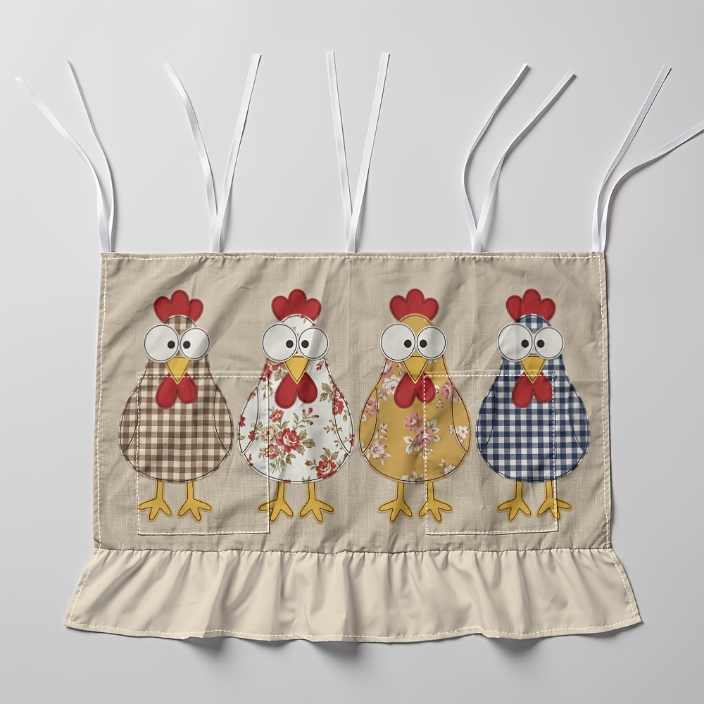 TEMU 2d Flat - 2d Flat - 1pc Cute Kitchen Style Oven Curtain With Pockets, Chicken Family Pattern, Multifunctional Kitchen Skirt Curtain Oven Curtain