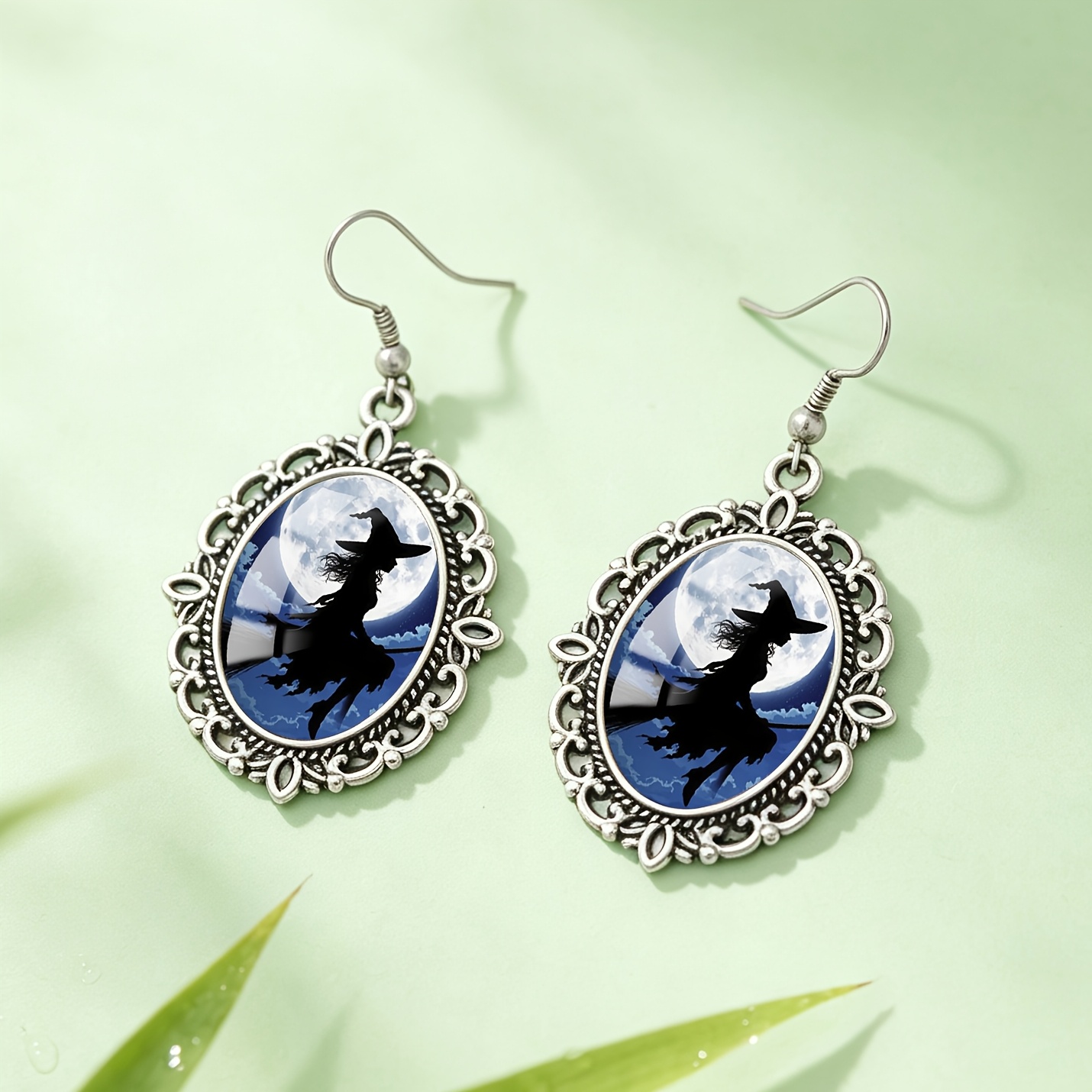 TEMU 1 Pair -dark Halloween Moon Riding Broom Witch Pattern With Oval Hollow Polka Dot Lace Earrings Suitable For Women' Wear