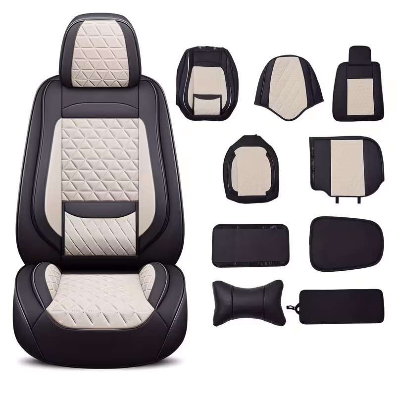 car seat cover leather full set breathable seat protector front rear seat covers set of 5 car interior accessories for most car vehicle interior upgrade upholstery reinforced stitching drivers auto detailers black beige 10