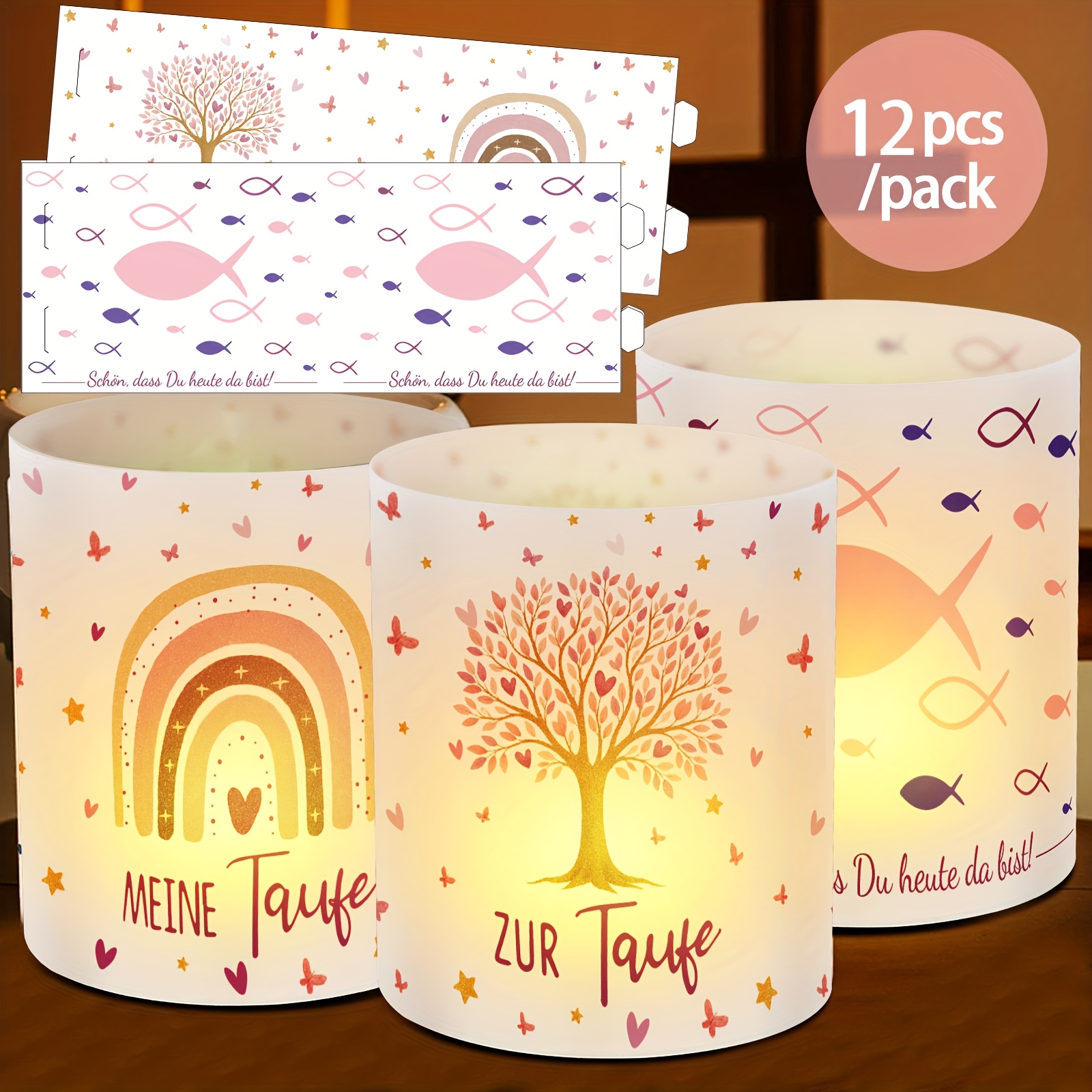 E-shop 12 rosa Teelampenschirme, Tischdekorationen für die Taufe, Kerzenhalter, festliche Teelampen, Laternen, Taufe, Erstkommunion, Weihe,