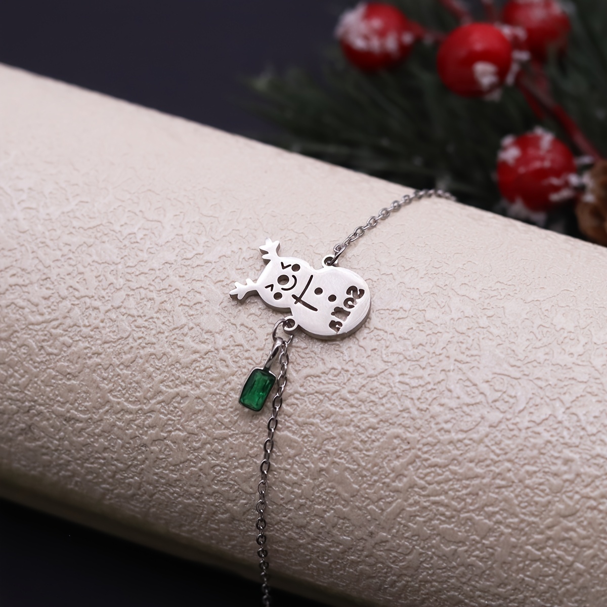 Personalized Snowman Name Bracelet with Green Charm, Stainless Steel