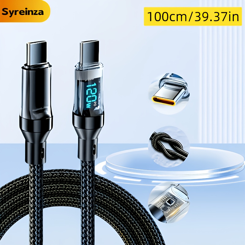 TEMU Cable de móvil de carga súper rápida de 240W tipo C a tipo C, con pantalla , transmisión de energía USB, corriente de 6A, para iPhone 15/16,