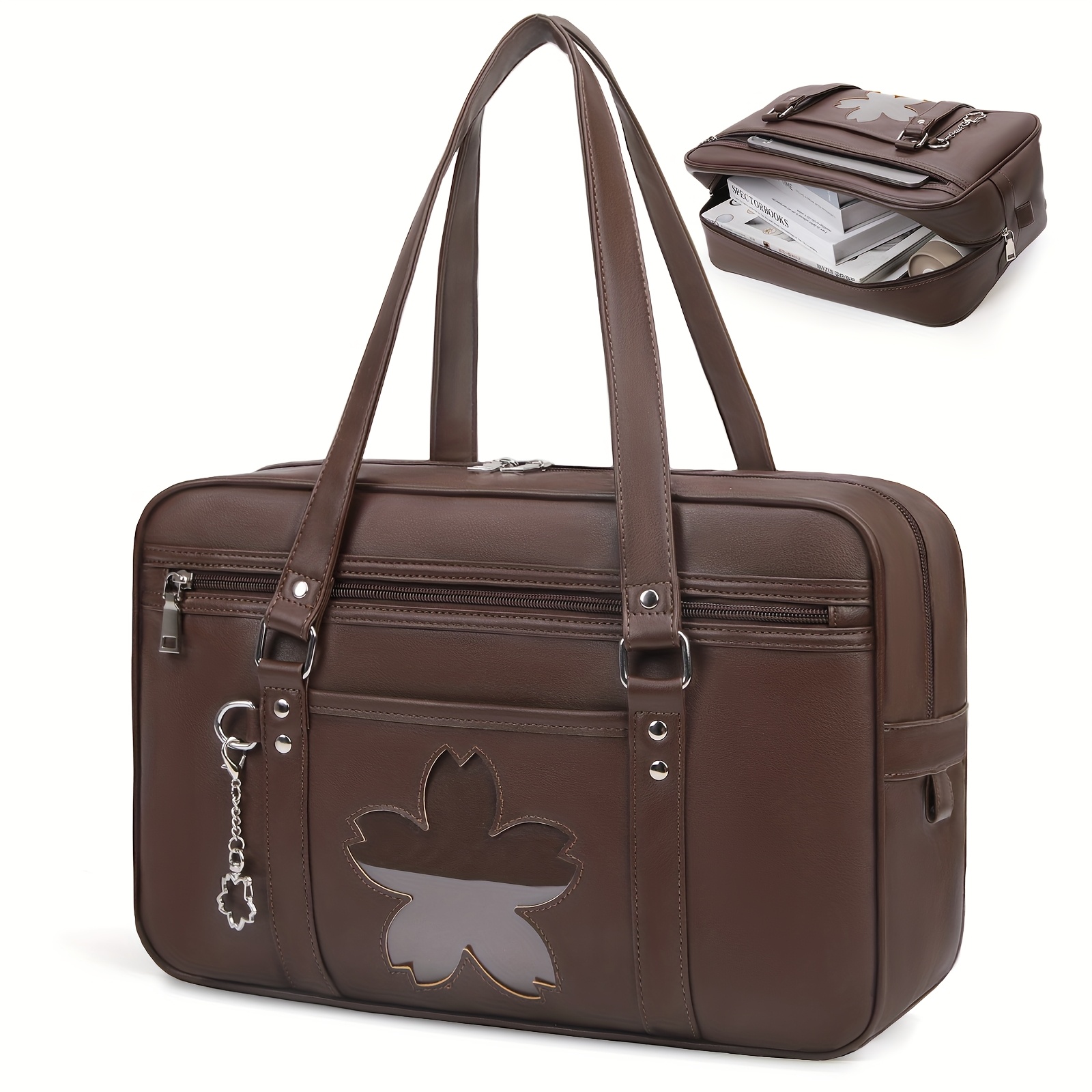   schultasche für gymnasiasten, boston-tasche aus kunstleder mit kirschblütenmuster, tasche mit großem fassungsvermögen und a4-tragegurt, lange tasche für lernreisen,   für schüler in jk-uniformen, süße schwarze farbe für die schuleintrittszeremonien