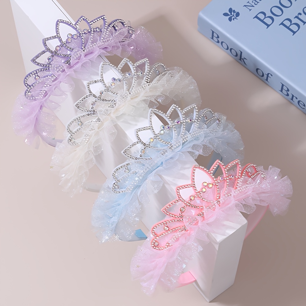 TEMU de corona con pedrería de 4 piezas para mujer, dulces bandas para el pelo de tul de color liso, accesorios de pelo perfectos para mujer para