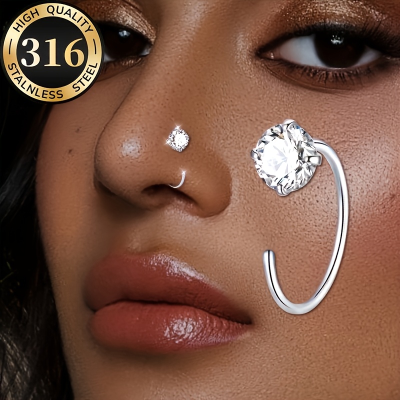 TEMU Lot de 2 Piercings Barre Ouverte Minimalistes 8 mm en Acier Inoxydable 316 pour Oreille, Nez et Lèvre, Incrustés de Synthétique Brillante, Clou