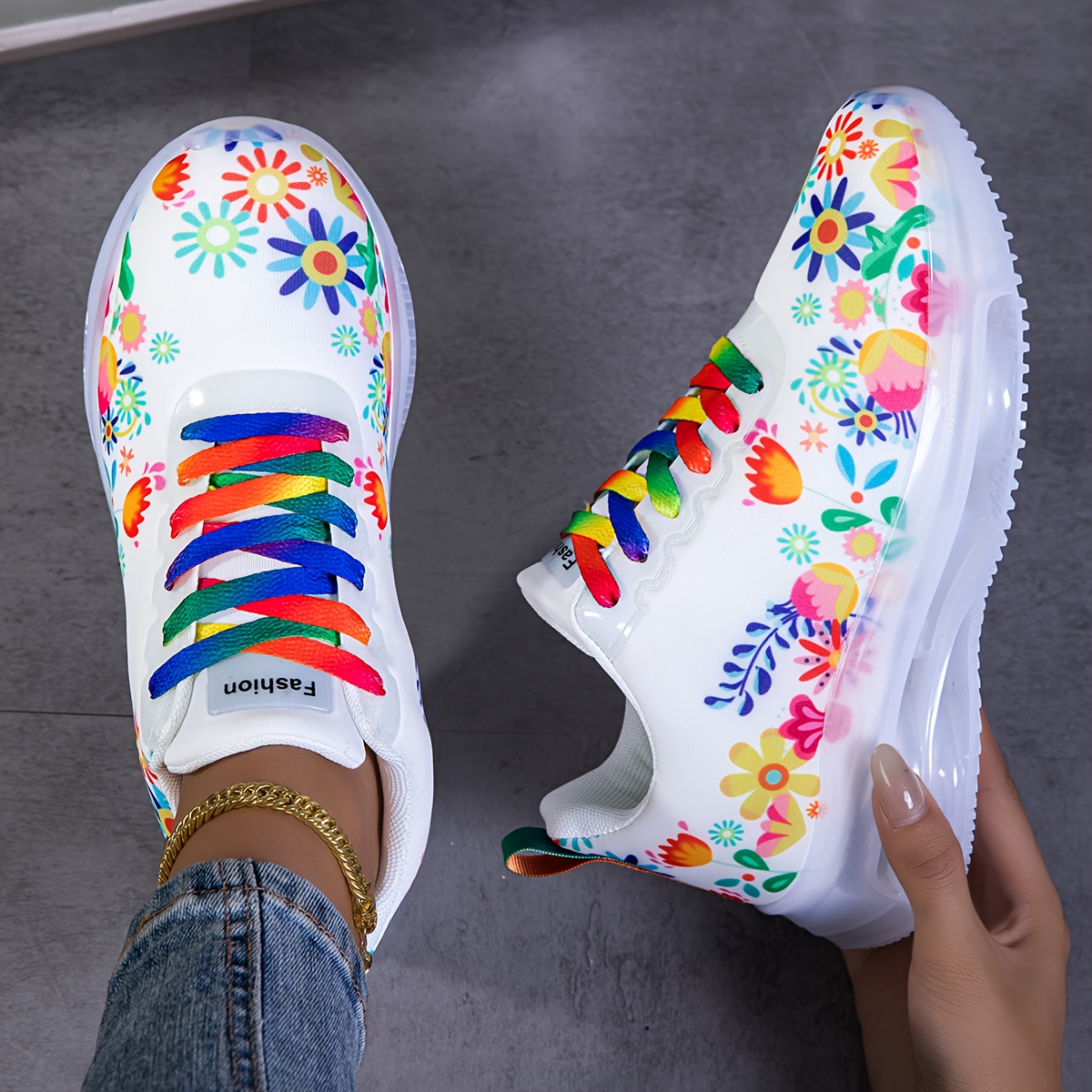 Image of Women'-cushioned Sneakers For , Casual Shoes With Floral Patterns, Stylish And Versatile Walking Shoes, Lightweight Soft-soled Comfortable Running Shoes In Larger Sizes For Autumn And Winter