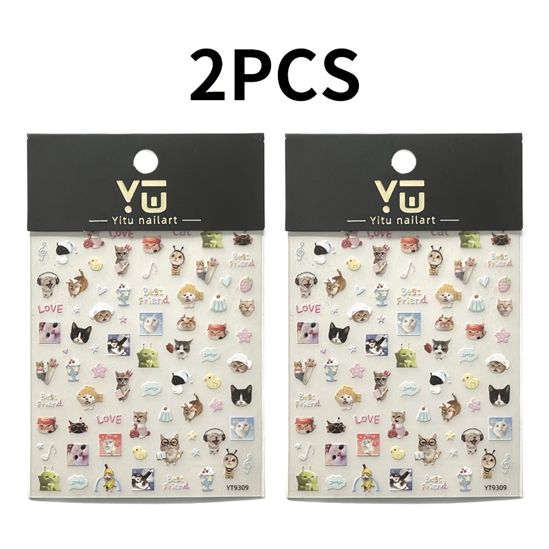TEMU 2 Sheets 3d Stereoscopic Relief Cat Nail Stickers, Fun Cartoon Decals, Adorable Animal Nail Art Decoration Stickers, Handmade Nail Additions