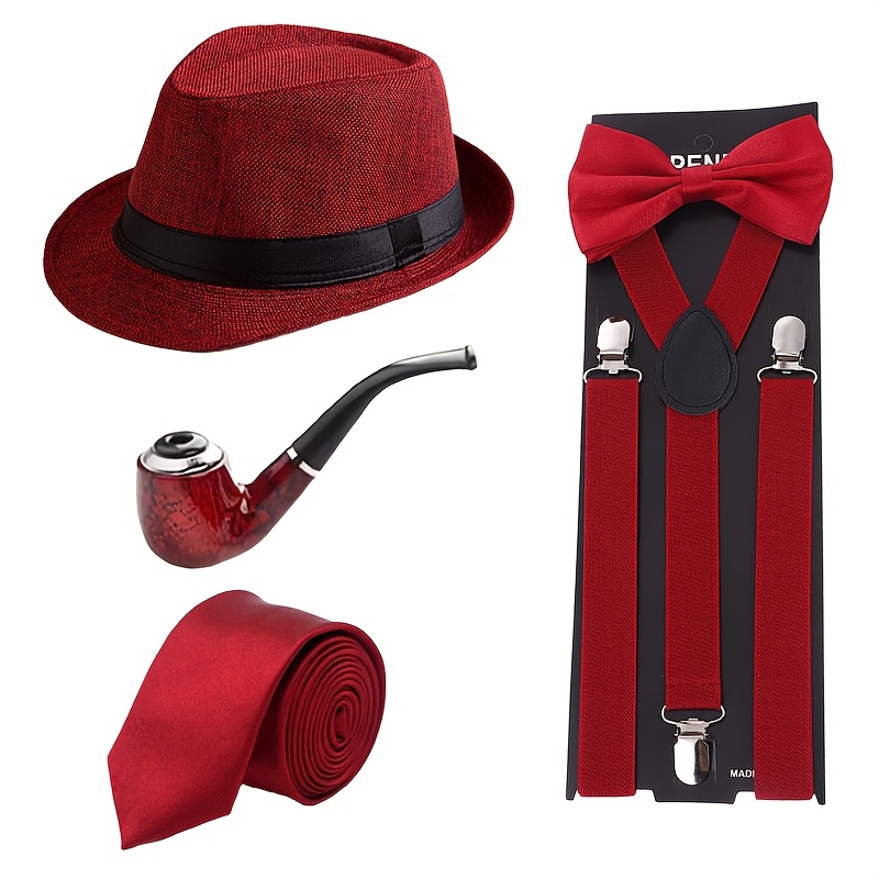 TEMU 4pcs 1920s Men's And Women's Fashion Accessory Set: Jazz Hat, Bow Tie, Necktie, And Suspenders. Vintage-style Costume Props For Ladies' Parties.