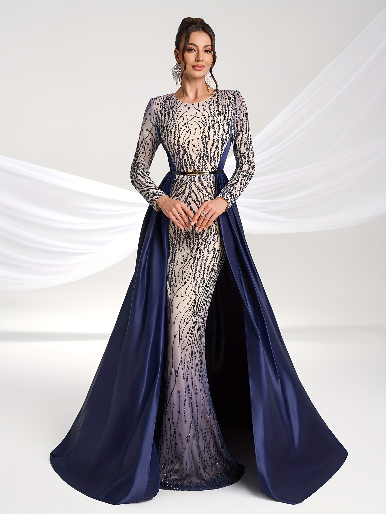 Women'S Formal Banquet Evening Gown, Elegant Luxury Sequin * Satin Long  Sleeved Cloak Dress