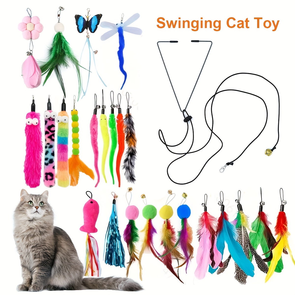 

4pcs/8pcs/12pcs/16pcs/21pcs Set Cat Toys Kitten Toys Feather Decor Cat Teaser Toy Worm Toy Catcher Hanging Interactive Toys