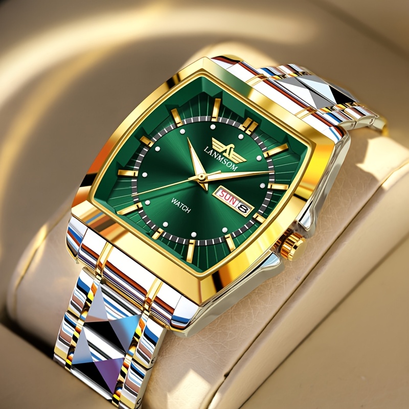Stylish Casual Lanmsom Stainless Steel Trendy Elegant Men's Business Quartz Watch With Luminous Dual Calendar, Ideal Gift For Birthdays, Holidays, Anniversaries, Or As A Self-gift For Family, , Or